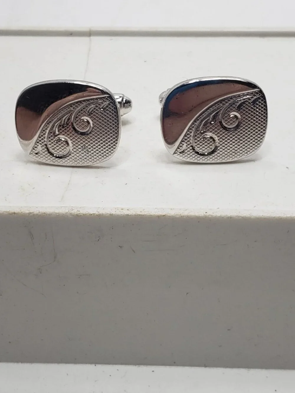 Vintage Silver Tone Swirl Engraved Cufflinks Formal Wedding Mens Jewelry